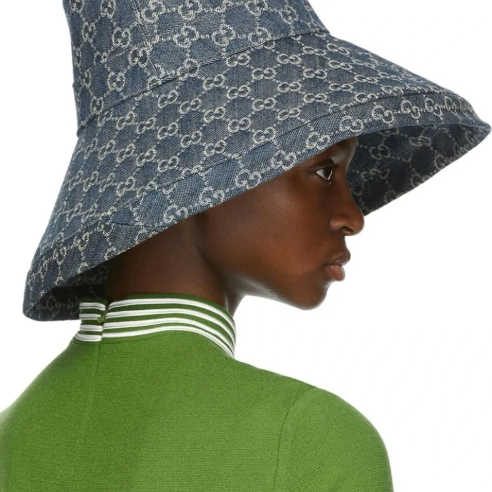 Denim Monogram Wide Large Brim Jacquard Bucket Hat Navy Blue Beach Sun Coverage - Picture 9 of 16